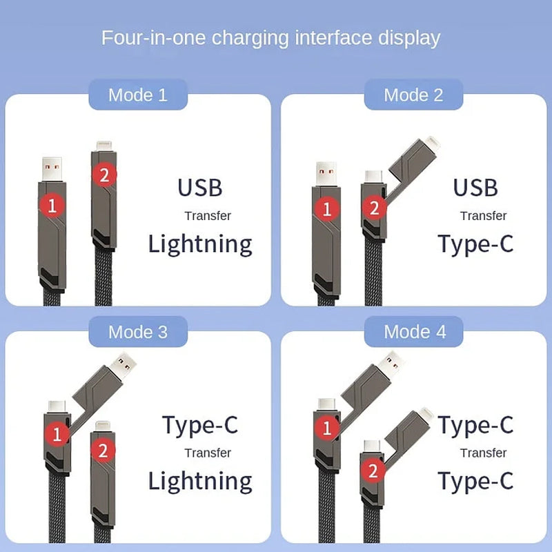 4-in-1 Flat Braided Anti-tangle Charger Cable with Velcro