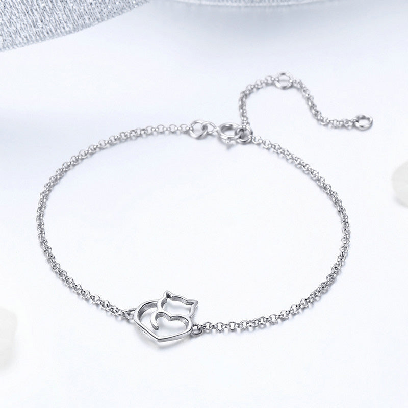 Cat and Heart Link Chain Bracelet