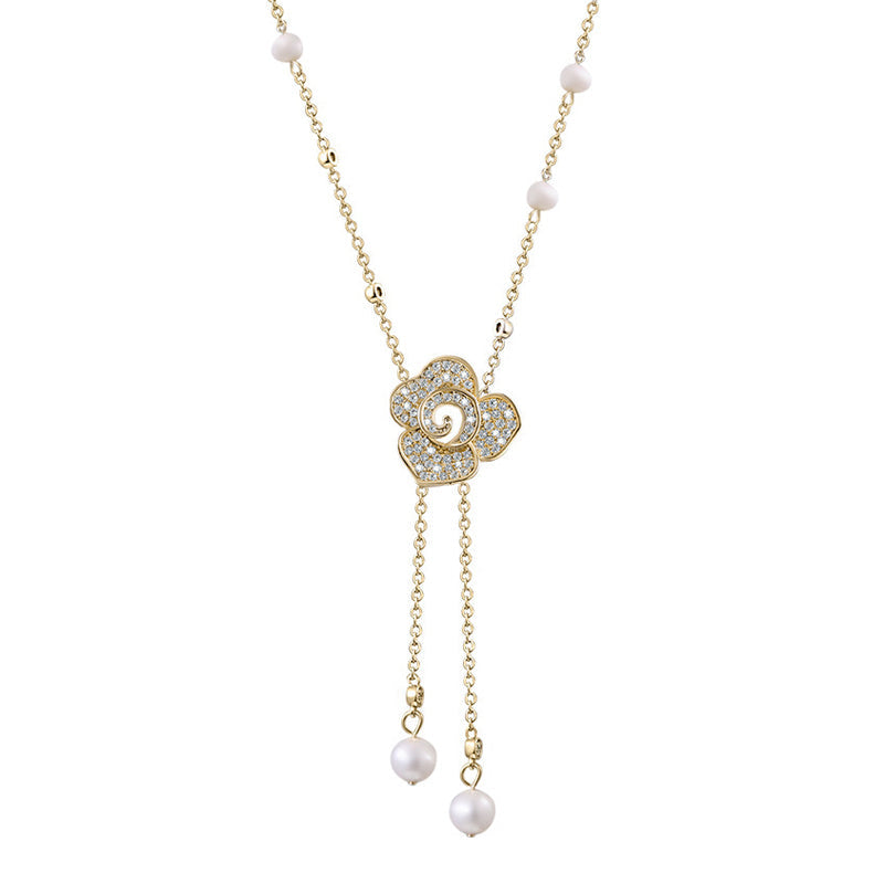 Fashionable rose flower necklace with pearl fringes